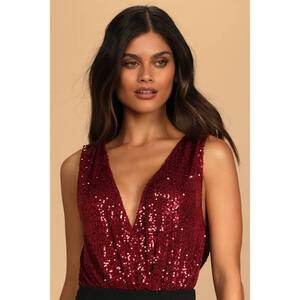 Lulus Evening Of Wonder Burgundy Sequin Cowl Back Bodysuit Red - Size M